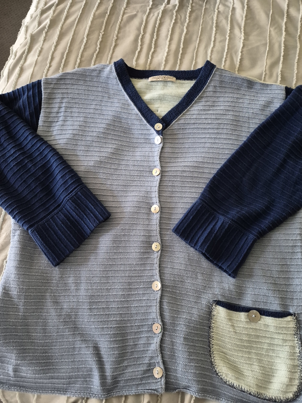Light Blue, Navy, And Sea Foam Green Button-Front Knit Cardigan